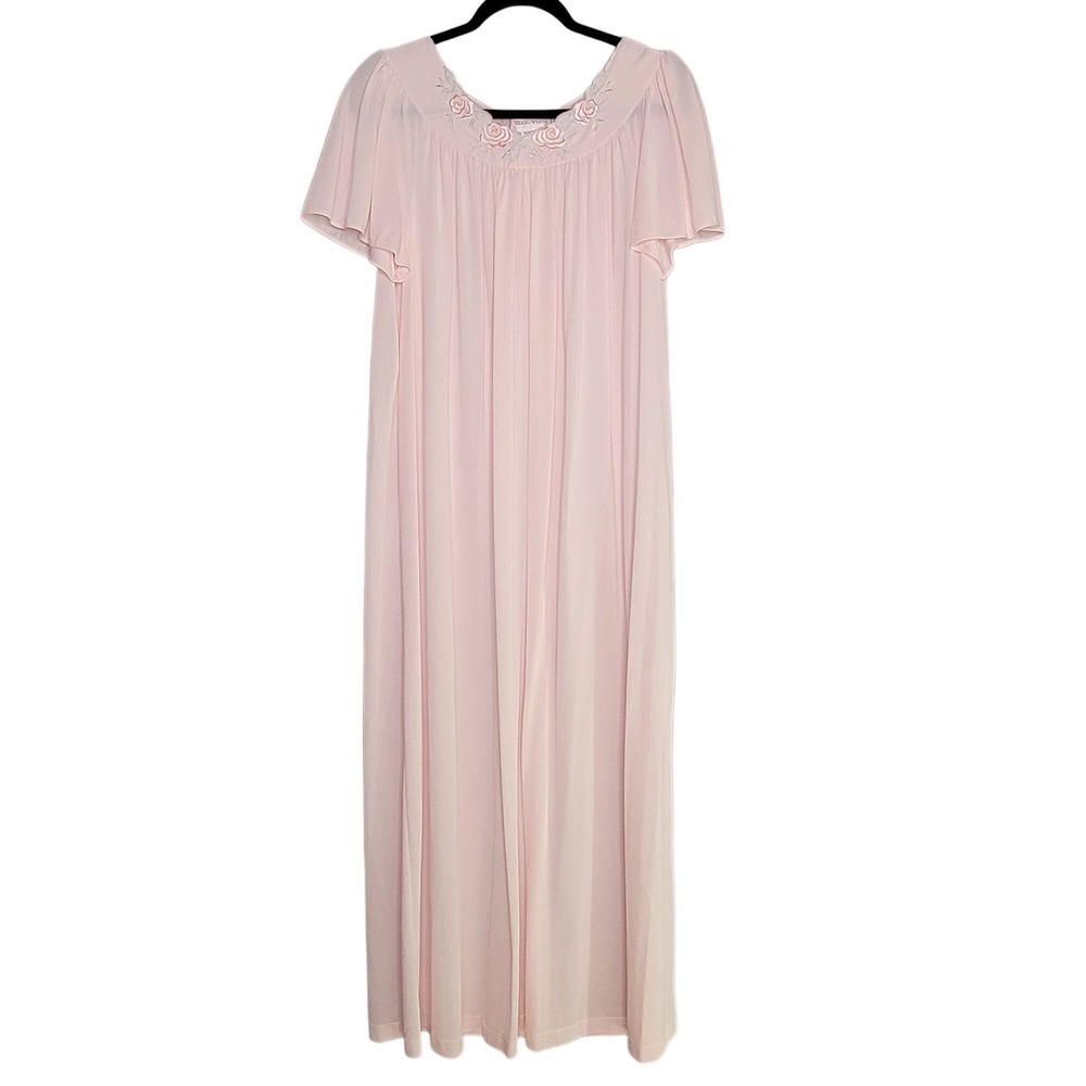 Shadowline Nightgown Womens Medium Pink Floral Embroidered Flutter Sleeve Maxi